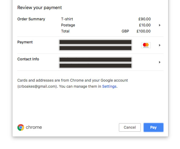 Payment Request Modal In Google Chrome